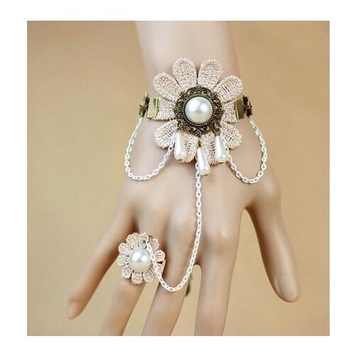 New Gothic Retro Handmade Jewelry Simulated Pearl Lace Embroidery Sunflower Bracelets Wristband Bangles For Women
