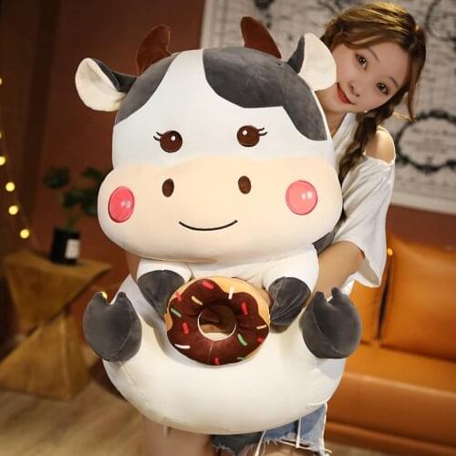 25-55CM New Creative Fat Cow With Doughnut Plush Toys Pillow Stuffed Soft Plushie Home Decor For Girls Kids Birthday Gifts