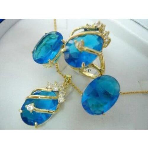 Charming Blue Crystal pendant necklace earring ring set>> plated watch wholesale Quartz stone CZ crystal