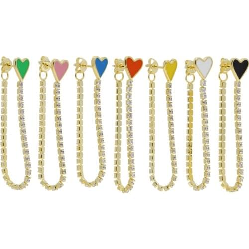 Lover Girlfriend Gift High Quality Fashion Jewelry Gold Color Neon Enamel Heart charm CZ Tennis Tassel Chain Earring