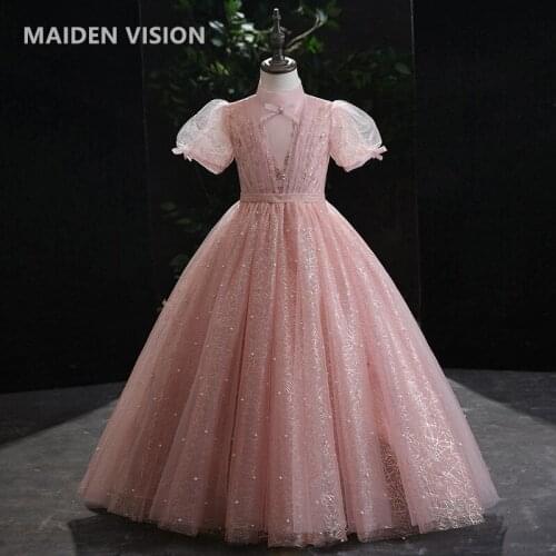 Pink Beaded Sequins embroidery teens Kids Girls Wedding Long Girl Dress elegant Princess Party Pageant Formal Dress Baby dress