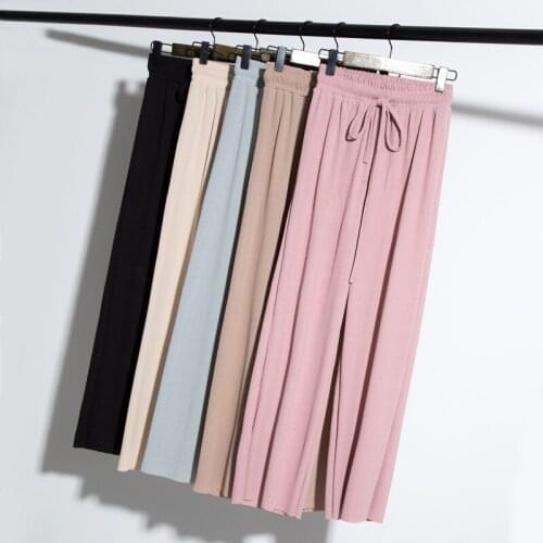 High Waisted Slacks Womens Loose Summer Pants Soft Ice Silk Ankle-Length Black Wide Leg Pants Grey Khaki Women Trousers