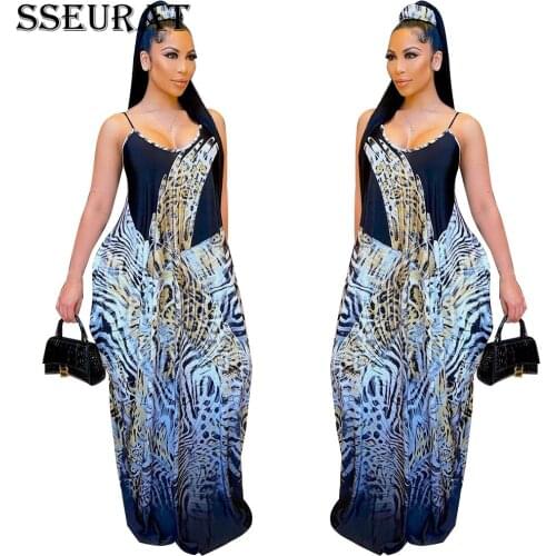 SSEURAT Women Long Dress Print Spaghetti Strap Loose Maxi Dresses Sexy Night Club Party Vestidos Summer Outfits