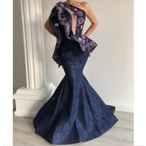 SuperKimJo One Shoulder Black Evening Dresses Long Embrodiery Applique Lace Applique Elegant Evening Gown Formal Dress 2020