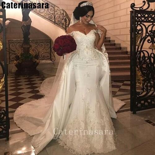 Detachable Train Wedding Dress Lace Off-the-shoulder Lace-up Mermaid Bridal Gown CT027