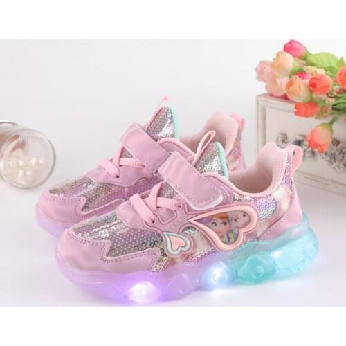 Disney Frozen Elsa 2021 Luminous Sneakers Girls Kids Shoes For Tenis Infantil Led Glowing Sports Shoes Boys Light Up Shoes