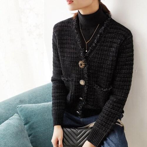 Knitted New Flower Button cardigan short long sleeve Crew Neck Sweater wear long sleeve coat loose can customized big size