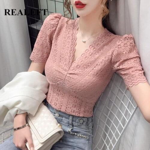 REALEFT Summer 2021 New Lace Crochet Womens T-Shirts Bottoming Puff Sleeve V-Neck Elegant Short Sleeve Female Shirts Tops