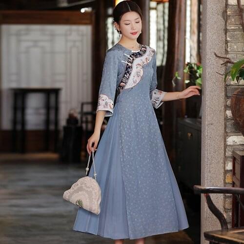 Chinese Style Buttons Spliced Embroidery Womens Clothing Early Autumn New Rayon Cotton O-Neck Slim Lady Cheongsam S-XXL
