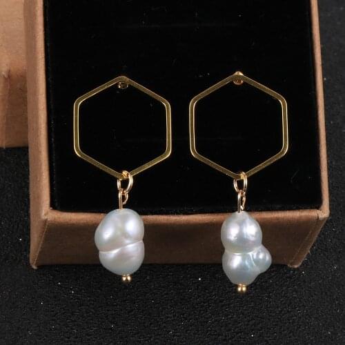 2020 New 8 Shape Baroque Freshwater Pearl Stud Earrings For Women Fashion Geometric Hexagon Copper Earring Lady Wedding Jewelry