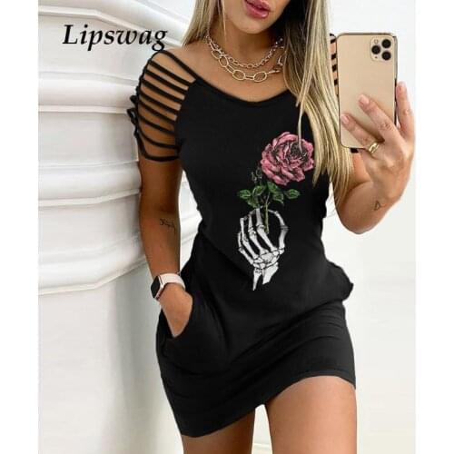 2021 Summer Elegant Rose Print Pocket Bodycon Mini Dress Women Casual O-Neck Short Sleeve Party Dress Lady Sexy Hollow Out Dress