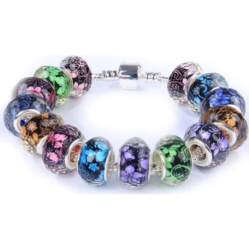 10pcs Mixed Flower Floral Print Cut Faceted Big Hole Plastic Resin Beads fit for Pandora Bracelet DIY Jewelry Making Accessories