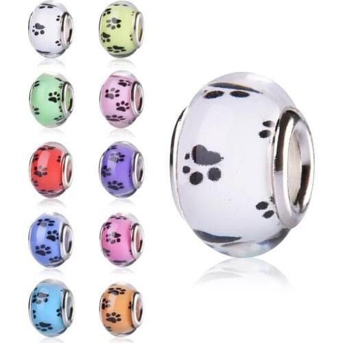20Pcs Pet Dog Puppy Paws Footprint Resin Muranos Charms Big Hole Round Beads Fit Pandora Bracelet DIY Snake Chain Spacer Jewelry