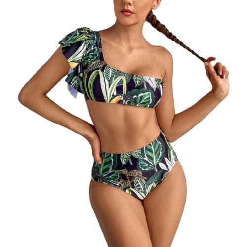2021 New Women’s Swimsuit Floral Ruffled One Shoulder Bikini Set Push Up High Waist Swimwear Summer Bathing Suits Beachwear