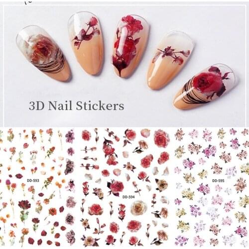 3D Nail Stickers Japanese Style Sliders Retro Flowers Astringent Dry Rose Eternal Floral Watercolor Manicuring Decals Decoration