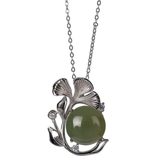 925 sterling silver Hetian gray jade sets of chains personalized ginkgo leaf Lady temperament choker pendant