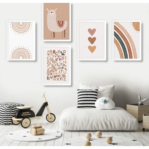 Abstract Painting Alpaca Canvas Print Rainbow Poster Nursery Alphabet Heart Boho Wall Art Pictures Baby Kids Room Decoration