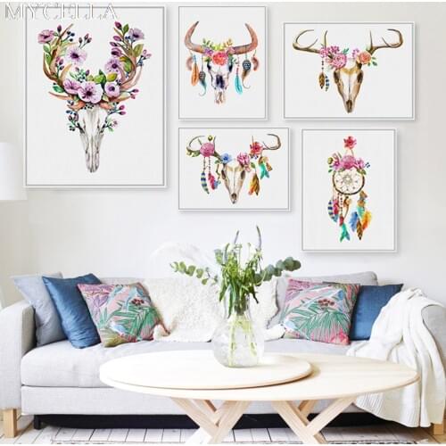 MYCELLA Diy Diamond Painting Animal Skeleton Cross Stitch Craft Home Decor Diamond Embroidery Deer Skull Head Full Mosaic flower