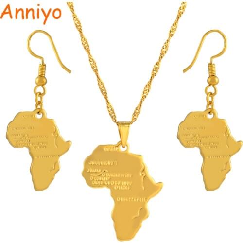 Anniyo Africa Map Jewelry set Pendant Necklaces Earrings Gold Color Map of African Ethiopian Nigeria Sudan Congo sets #002306S