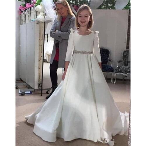 White High Quality Satin Flower Girl Dress Crystal Belt Keyhole Buttons Back Long Train Custom Made Girls Pageant Gowns