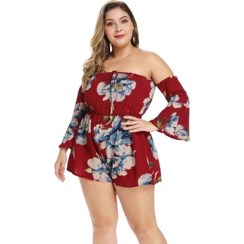Large Size Europe And America Hot Selling Fashion Sexy off-the-Shoulder Bell Sleeve Printed Onesie Shorts Streetwear