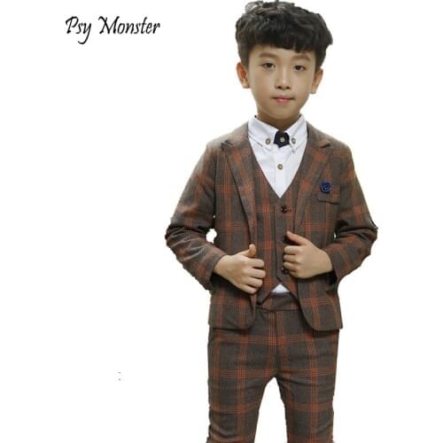 Brand Boys Wedding Suit Kids England Style Gentleman Flower Boys Formal Suit Blazer Vest Pants 3Pcs Tuxedos School Clothing Set