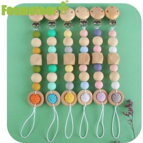 Fosmeteor 1pc Baby Pacifier Dummy Luxury Nipple Chain Soother Feeder Pacifier Silicone Crochet Beads Hemu Wood Ring Food Grade