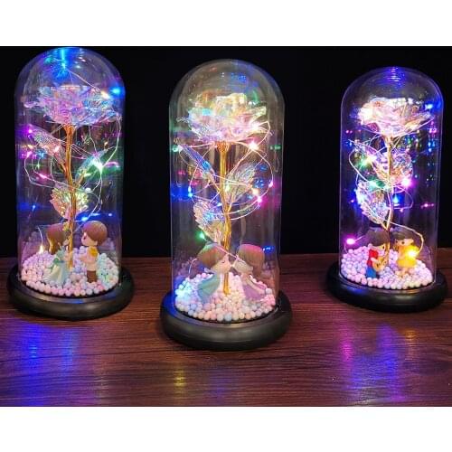 Hot Eternal Flashing Rose Flower with Fairy Led String Light In Dome Glass Cover for Valentines Day Gift Wedding Decor