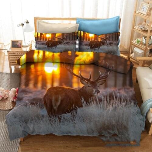 Elk Bedding Sets Polyester Queen Size 2/3 Pcs Peachful Sunset Deer Duvet Cover Sets with Pillowcases for Teens Boys Girls