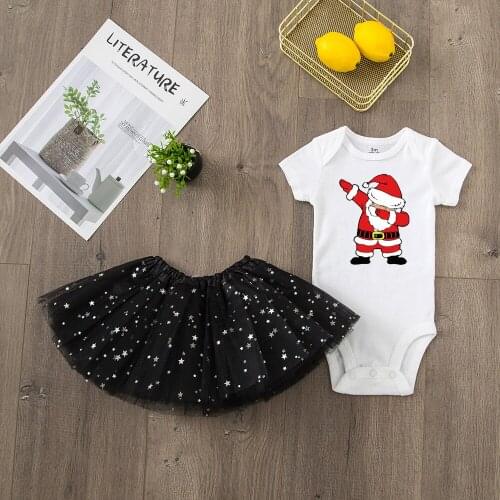 2pcs Clothes Sets Infant Girls Santa Claus Pattern Print Short Sleeve Romper + Tutu Skirt Toddler Girl Christmas Outfit