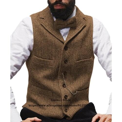 Mens Suit Vest Brown Wool Herringbone Casual Formal Business Waistcoat Classic Groomsmen For Wedding Retro Style Homme Gilet