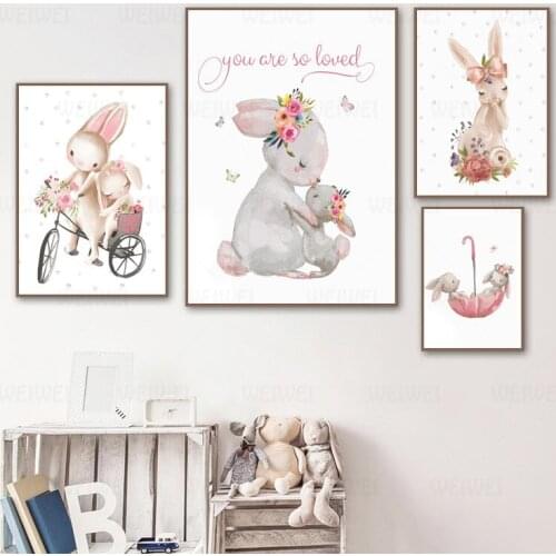 Woodland Bunny Print Floral Boho Nursery Wall Art Rabbit Canvas Painting Posters Cute Cartoon Animal Kids Girls Bedroom Decor