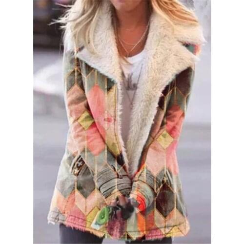 2021 new style lapel printed single-breasted long-sleeved plush plush coat womens coat winter coat women