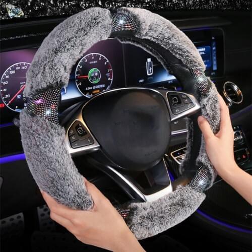 NEW Bling Fur Steering Wheel Cover Plush with Crystal Rhinestones Auto Stearing Case Accessories Interior For Girls Women Black