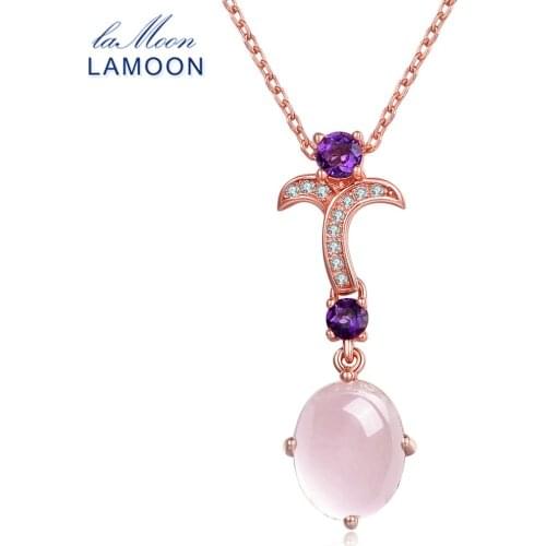 LAMOON- Flower 8X10mm 100% Natural Gemstone Oval Rose Quartz Chain Necklace 925 Sterling Silver Jewelry LMNI013