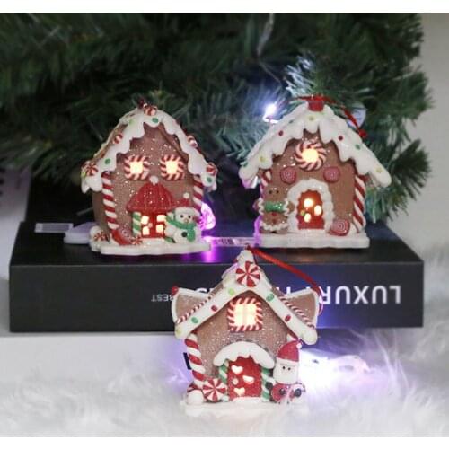 Resin Christmas Scene Village Houses With LED Light Christmas Tree Hanging Ornament Glowing House Christmas Decoration For Home