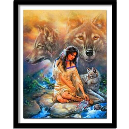 Full Square/Round Drill 5D DIY Diamond Painting "Indian Woman Wolf" 3D Embroidery Cross Stitch Home Decor A00828