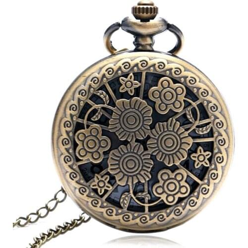 Retro Pocket Watch Vintage Bronze Hollow Beautiful Flowers Chain Necklace Pendant Steampunk With Chain for Men Women Fiancee