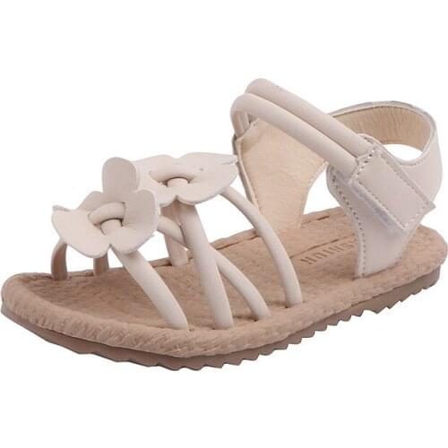 2020 Fashion Summer New Leather Thin Belt Weave Flowers Princess Sandals Childrens Girls Student Kids Soft Bottom Beach Shoes