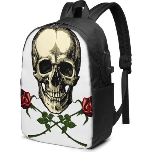 Teenage Backpack for School Boy Girl Human Skull With Two Roses School Bag USB Charging Bookbag