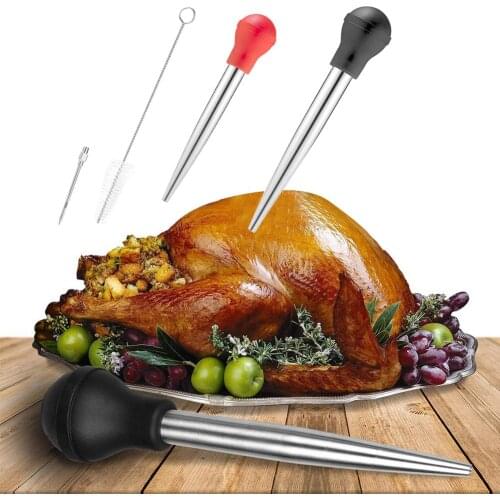 Silicone Pump Turkey Baster Injector Flavor Needle Cleaning Brush Seasoning Tool Meat Poultry Tools Food Grade Silicone