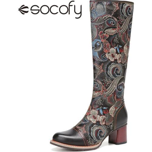 SOCOFY Women Mid-calf Boots Cowhide Leather Floral Printed Warm Non Slip Boots Shoes Casual Outdoor Shoes botas de mujer 2020