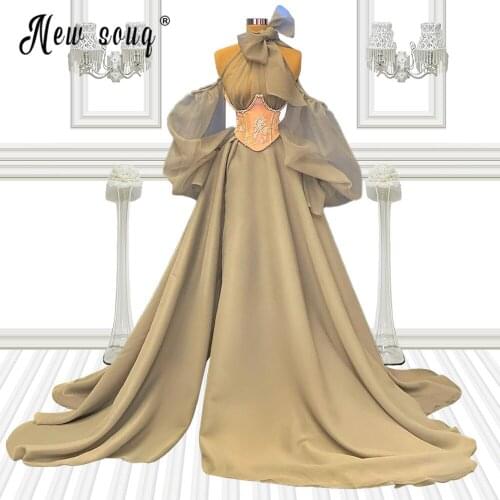 Grey Ruffles Tulle Evening Party Dresses 2021 Puff Sleeve Beads Flower Cocktail Dress Islamic Turkish Longue Robes Women Gowns