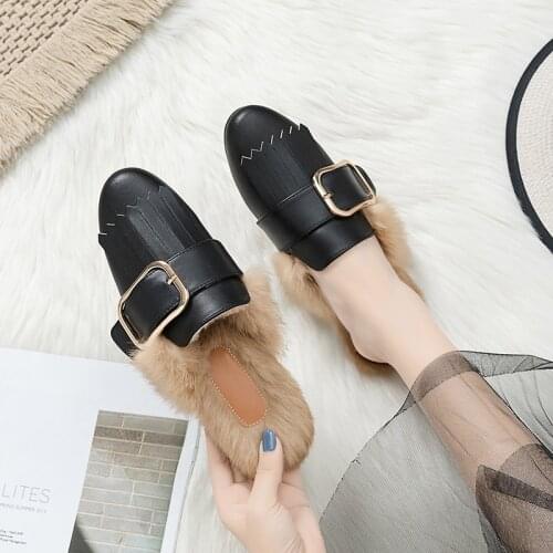 WOMENS Shoes Mules Shoes Rabbit Fur Outdoor Slipper 2020 New Style Rabbit Fur Closed-toe Semi-Slipper Flat Top Shoes