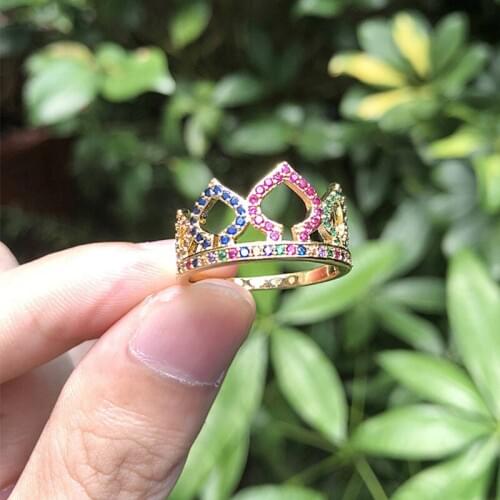 2020 New Gold Copper Multicolor AAA Cubic Zirconia Crown Rings For Women Fashion Cute Jewelry for Women Gift Rings