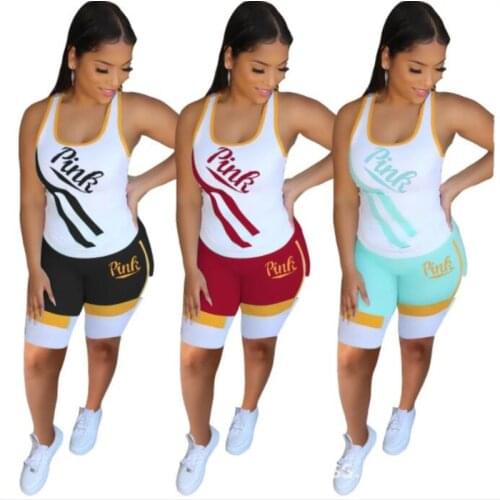 Women 2 Piece Outfits Set Letter Printing Vest T Shirt +Skinny Shorts 2021 Summer Casual Tracksuit Streetwear Sweat Suit
