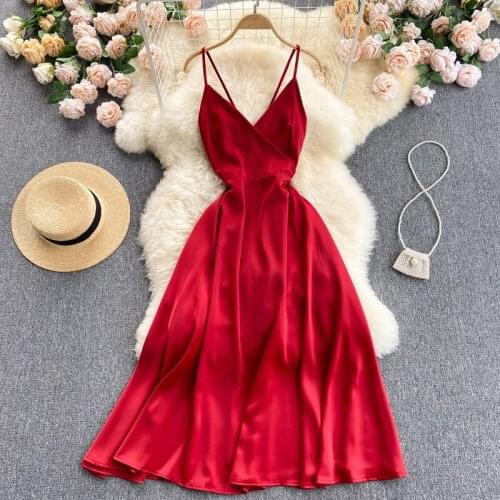 2021 Summer Womens Prom Dress Vacation Style Retro V-neck Solid Color Halter Bow Suspender Dress New Waist Female Dresses FC013