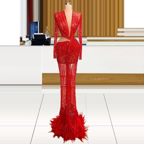 Red Deep V Neck Feathers Dinner Dresses For Women Sexy Red Carpet Dress Derecho vestidos de noche largos