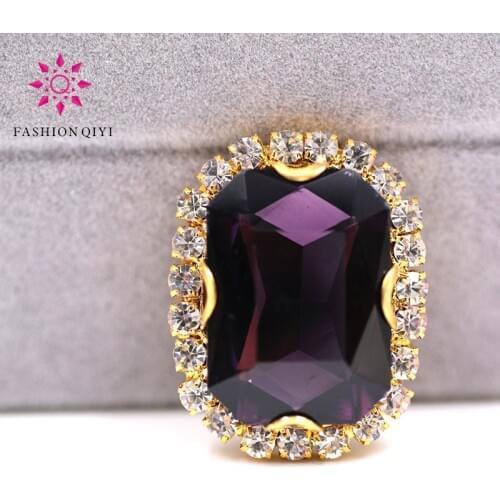 Free shipping Gold base Rectangular octagonal shape Deep purple sew on rhinestones glass Crystal button DIY clothing accessories