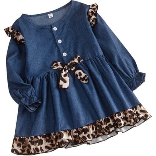 2020 3-7Y Toddler Baby Girls Splicing Denim Dress Button Ruffle Shoulder Round Neck Long Sleeve Leopard Falbala Bow Casual Dress